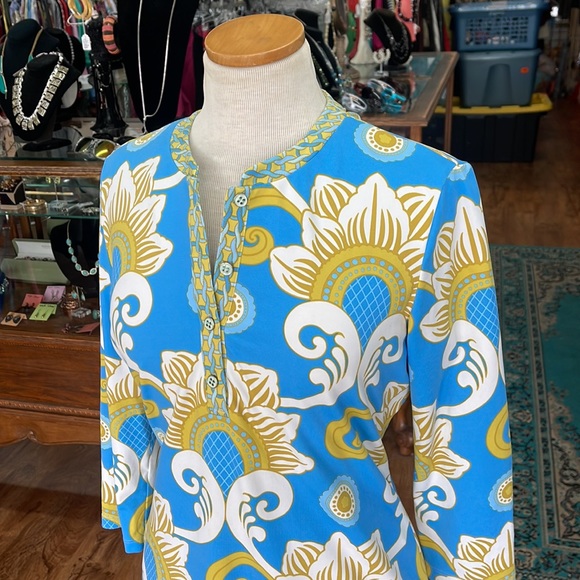 JMcLaughlin Blue/Gold Pattern Top/Tunic Size Medium - Picture 7 of 11